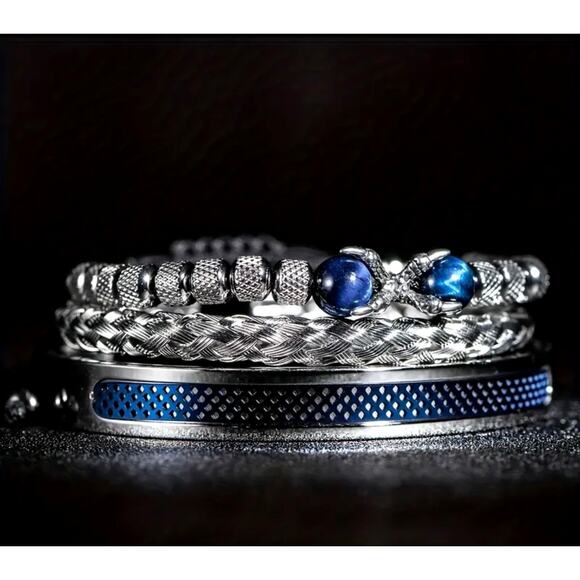 Unisex 3 pc SS Symmetrical Claw Bracelet Set Beaded Blue - Picture 4 of 5